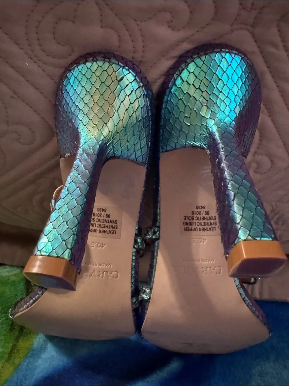 Iridescent Teal-Purple Strappy High-Heel Sandals